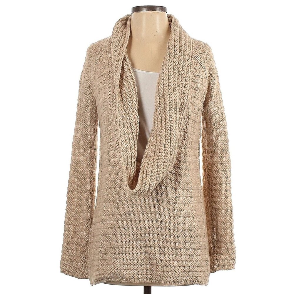 ANN TAYLOR Chunky Knit Deep Cowl Neck Mohair Blend Knit Sweater Sand Size L
